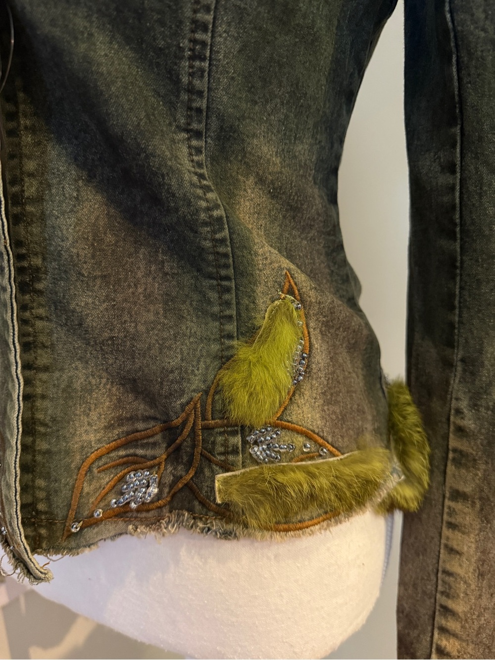 Rabbit Fur Olive Denim Jacket - Picture 3 of 7